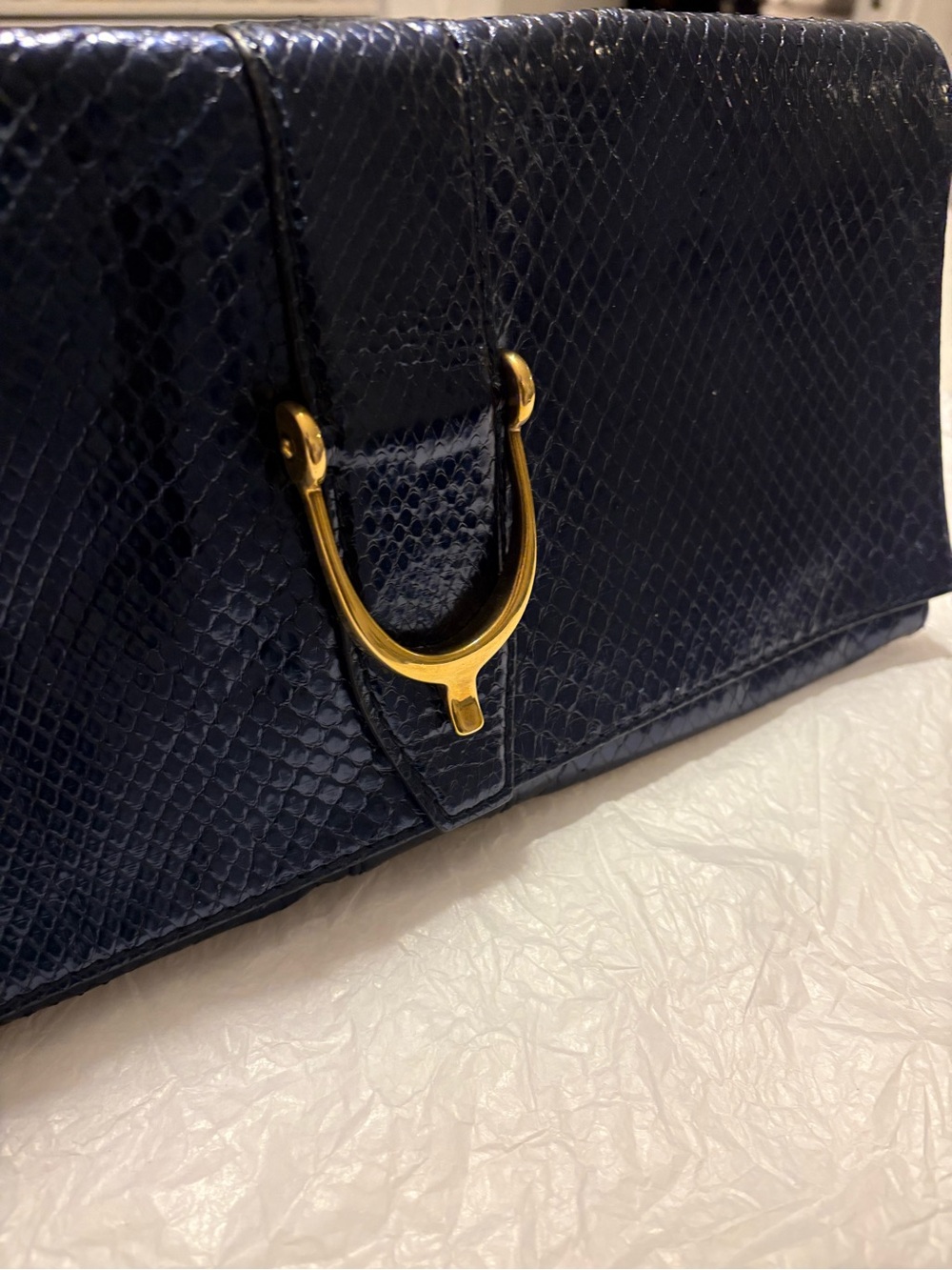 GUCCI Navy Blue Python Long Leather Stirrup Clutch Bag w/ Gold Brass Hardware
